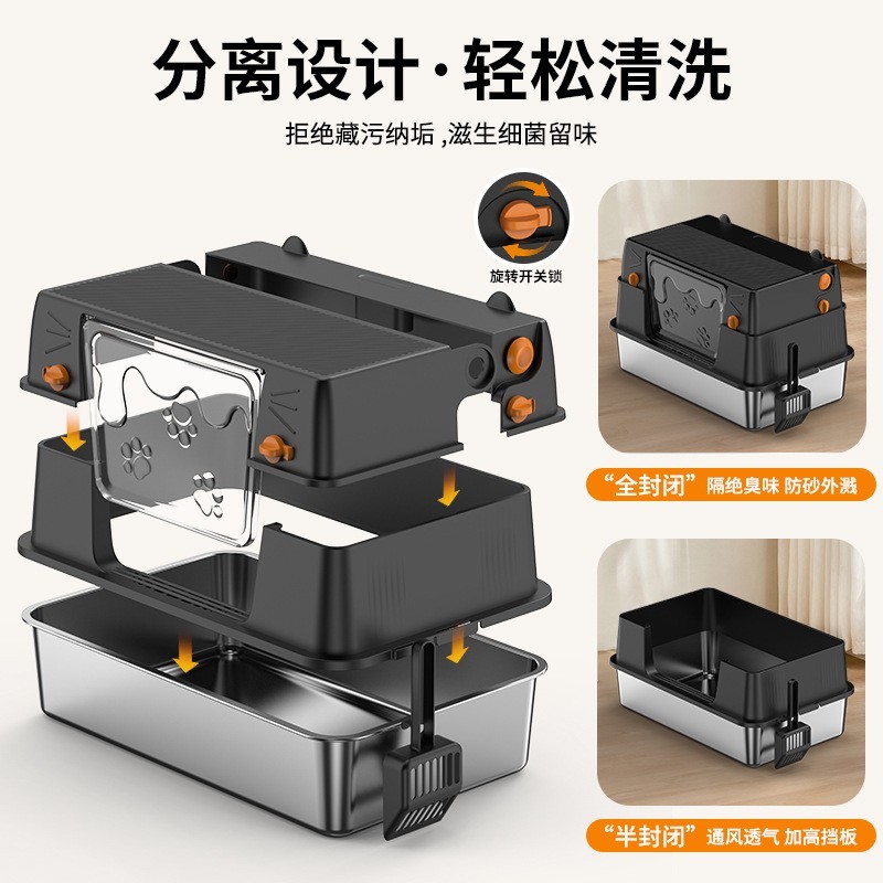 翻盖式不锈钢猫砂盆超大号全封闭猫砂盆除臭防外溅猫厕所,OEM代加工，贴牌加工，ODM定制图2