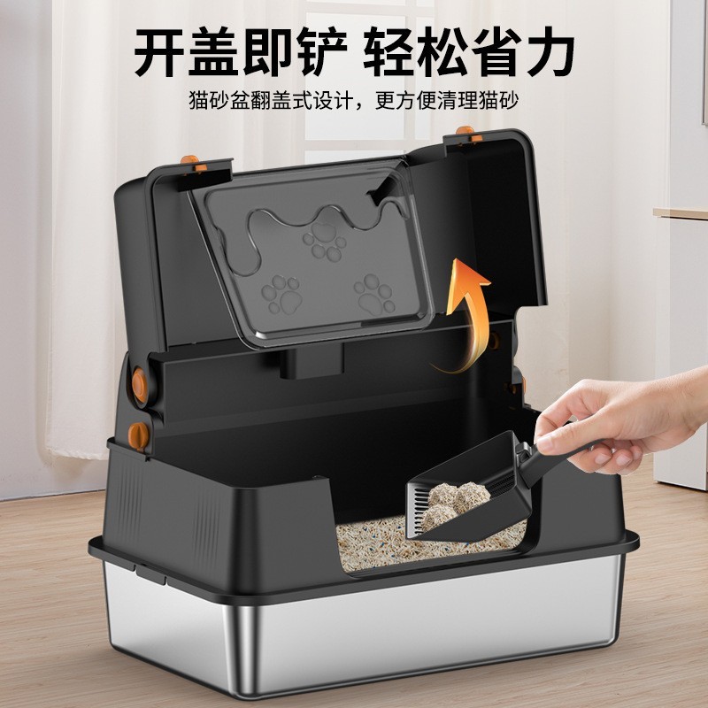 翻盖式不锈钢猫砂盆超大号全封闭猫砂盆除臭防外溅猫厕所,OEM代加工，贴牌加工，ODM定制图3