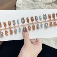 棕蓝碎钻美甲穿戴甲香槟闪钻指甲贴秋冬气质假指甲穿戴甲片预制甲