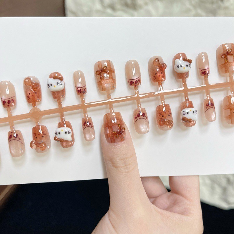 抖音新款美甲卡其kt猫穿戴甲可爱假指甲成品甲片预制图3