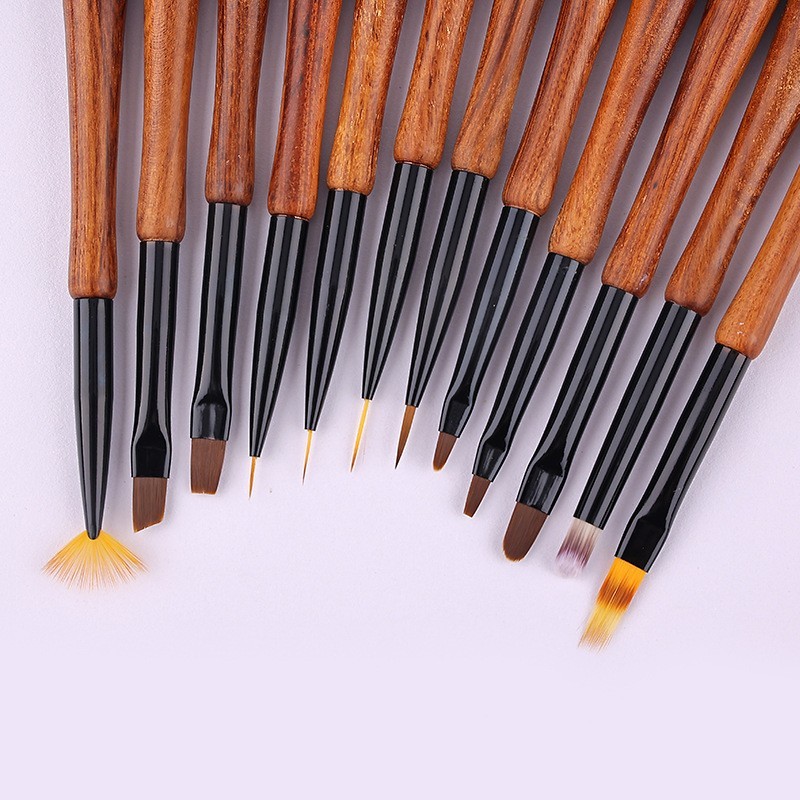 工厂定制日式檀木杆美甲彩绘笔画花笔套装12支 初学者斜头光疗笔图2