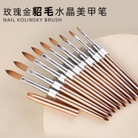 工厂定制貂毛水晶美甲笔 玫瑰金属杆美甲水晶雕花笔Kolinsky笔刷