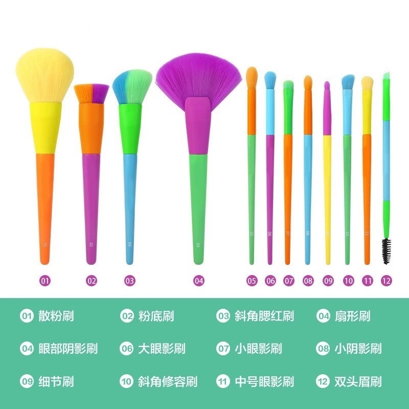 跨境新款12支化妆刷全套组高质量糖果色彩色套装厂家图3