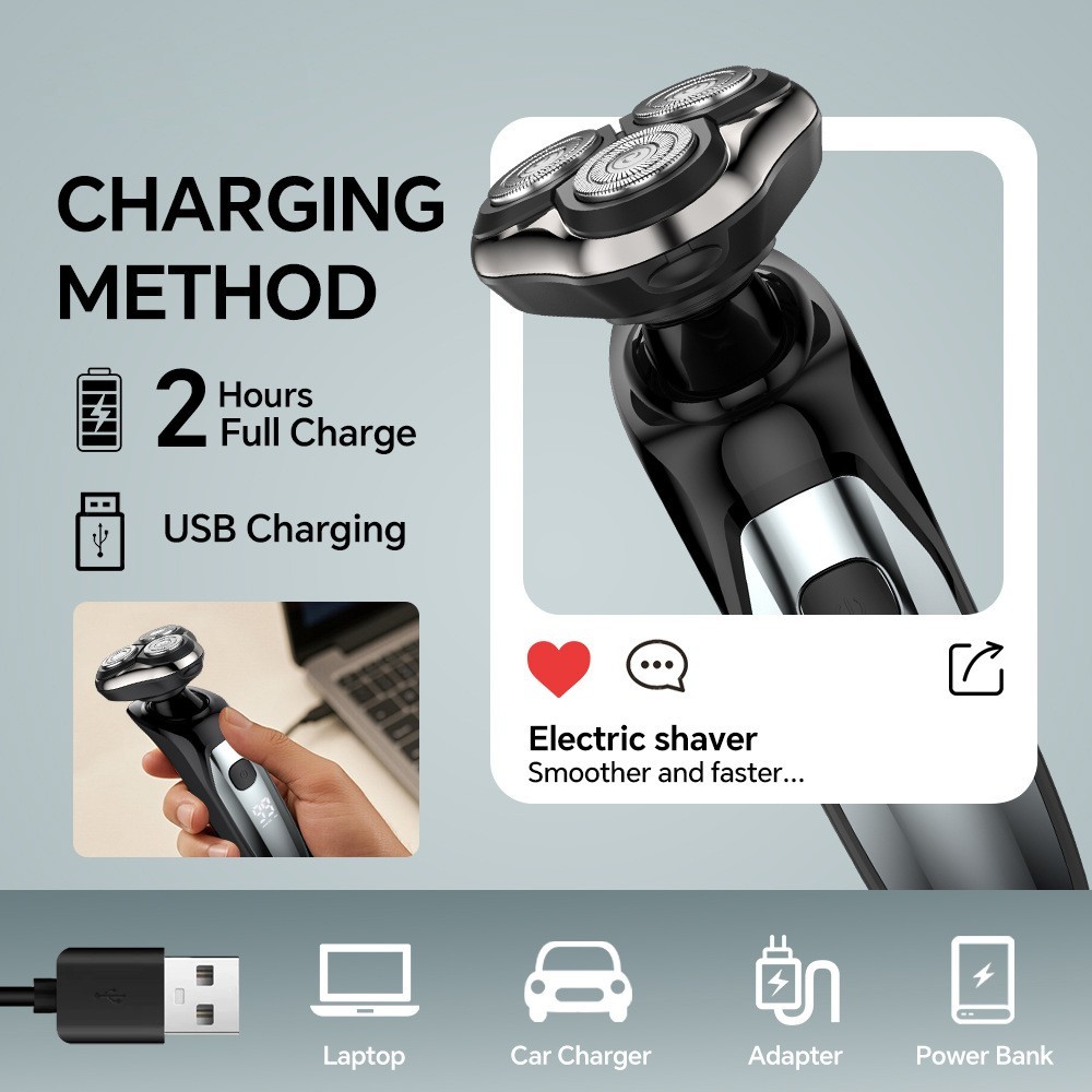 电动剃须刀男士浮动三刀头胡须刀USB充电全身水洗多功能刮胡子刀图2