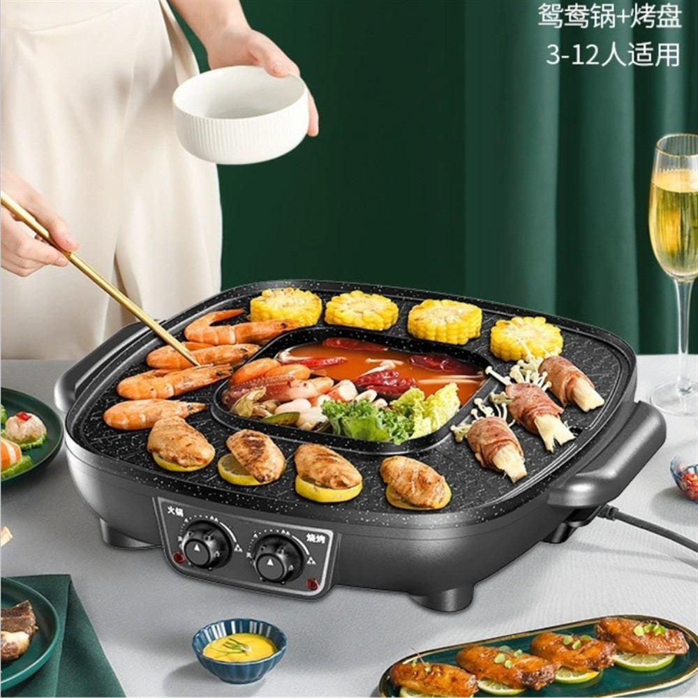 加工定制42CM电火锅烧烤一体锅没有烟鸳鸯锅大容量电热锅韩式电烤图4
