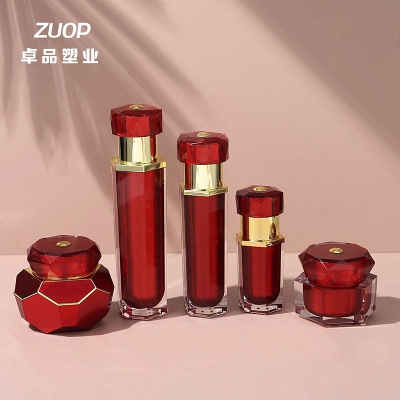 定制膏霜乳液精华喷雾按压瓶化妆品分装瓶 酒红色六角亚克力套装图3