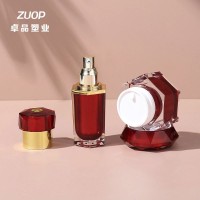 定制膏霜乳液精华喷雾按压瓶化妆品分装瓶 酒红色六角亚克力套装