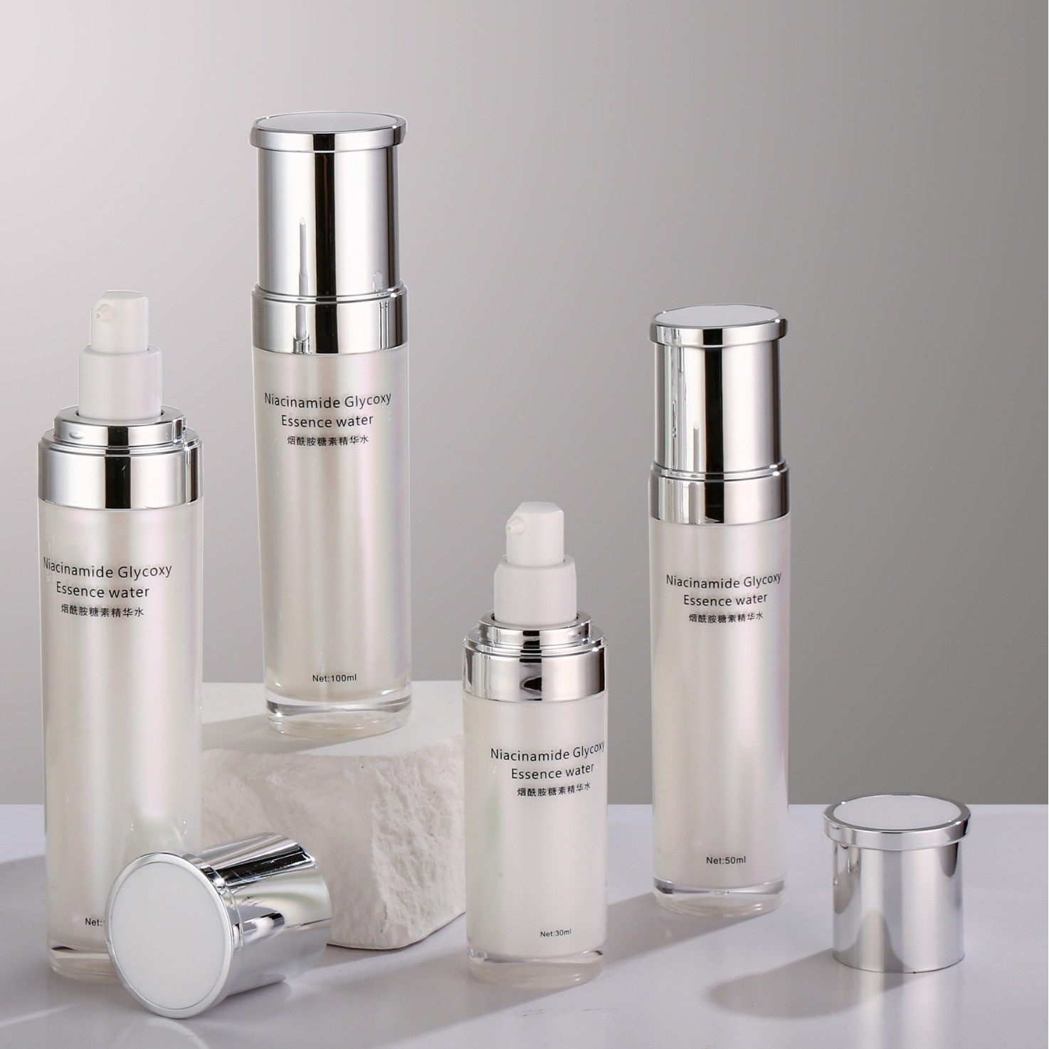 厂家定制亚克力化妆品套装瓶 大容量按压乳液瓶 花纹盖圆盖膏霜瓶图3