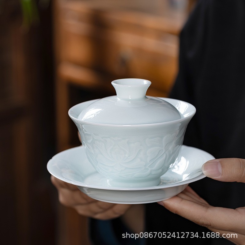 景德镇茶具套装礼盒影青瓷浮雕功夫茶具套装盖碗茶杯礼品定制logo图2