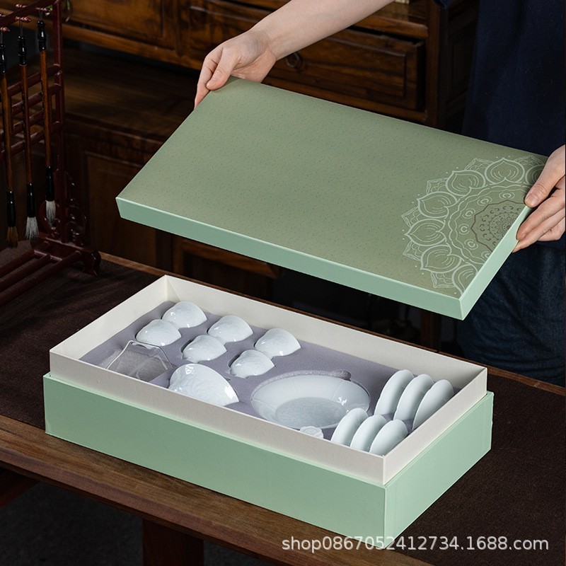 景德镇茶具套装礼盒影青瓷浮雕功夫茶具套装盖碗茶杯礼品定制logo图5