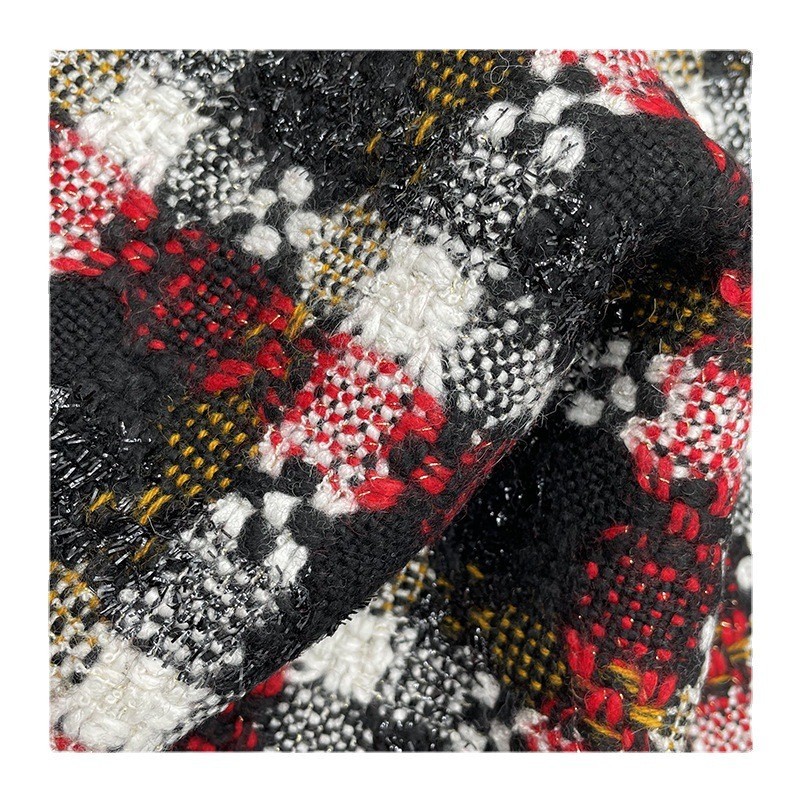 格子粗花呢 黑色亮丝小香风面料 羊毛涤纶丝绒混纺面料图2