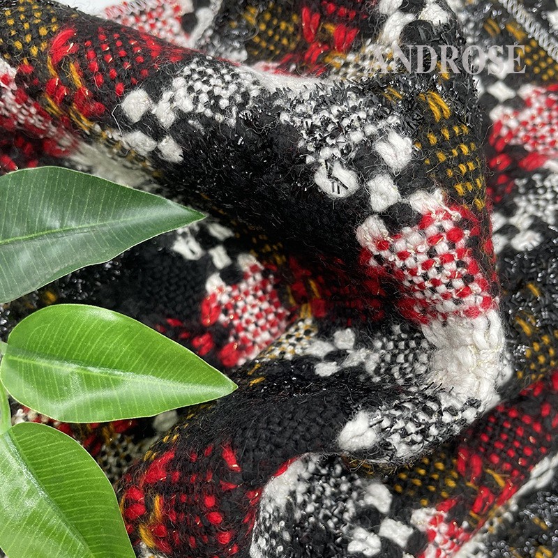 格子粗花呢 黑色亮丝小香风面料 羊毛涤纶丝绒混纺面料图3