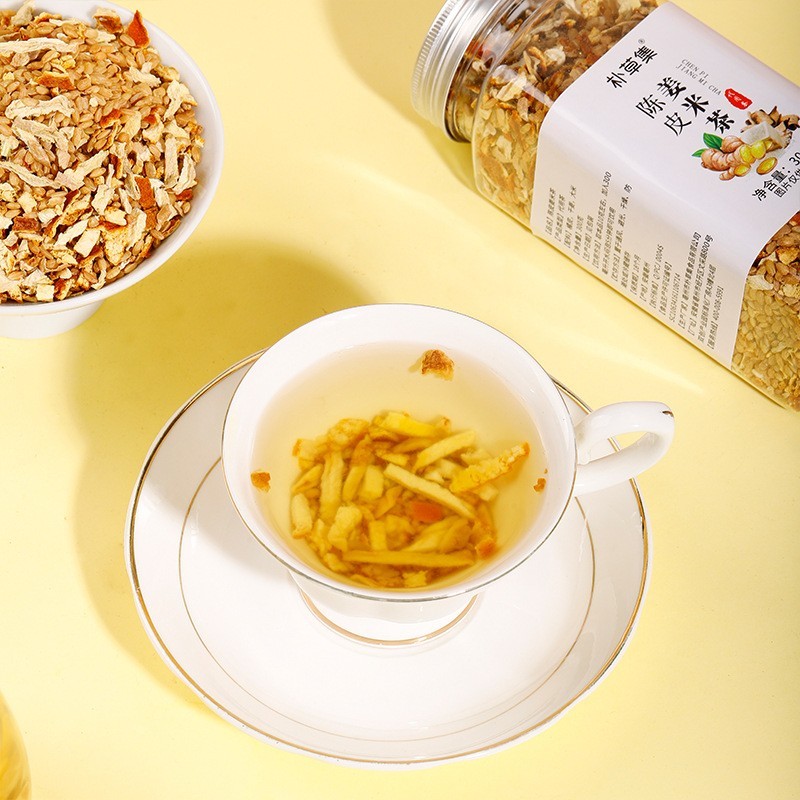 哇噢代加工陈皮姜米茶罐装姜米炒熟姜丝陈皮花茶糙米橘皮干姜茶图3