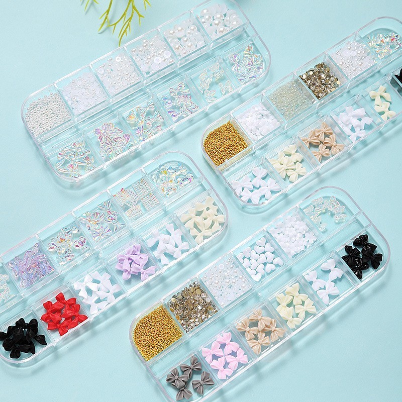 美甲饰品极光蝴蝶结珍珠铆钉平底钻混装爆闪白钻钢珠12格饰品图4