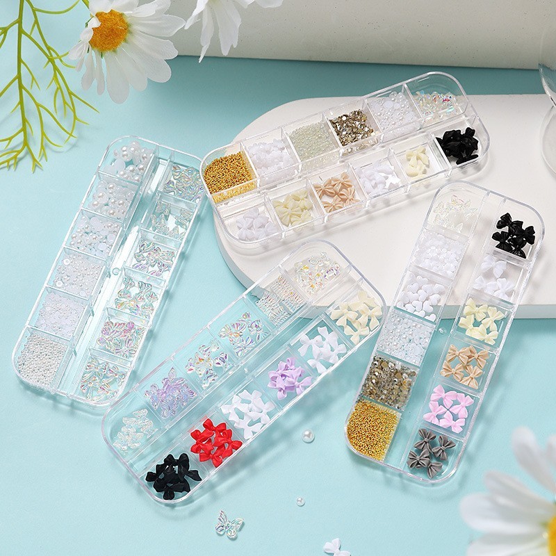 美甲饰品极光蝴蝶结珍珠铆钉平底钻混装爆闪白钻钢珠12格饰品图3