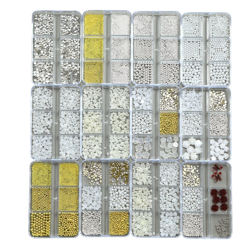 网红6格混装美甲饰品钢珠白钻珍珠山茶花指甲DIY配饰定制款图3