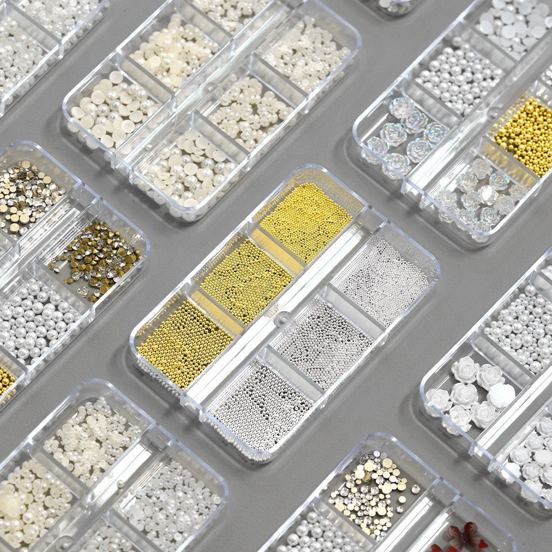 网红6格混装美甲饰品钢珠白钻珍珠山茶花指甲DIY配饰定制款图2