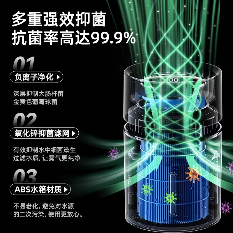 负离子无雾加湿器 100档滑动调节静音卧室办公空气净化5L大容量图4