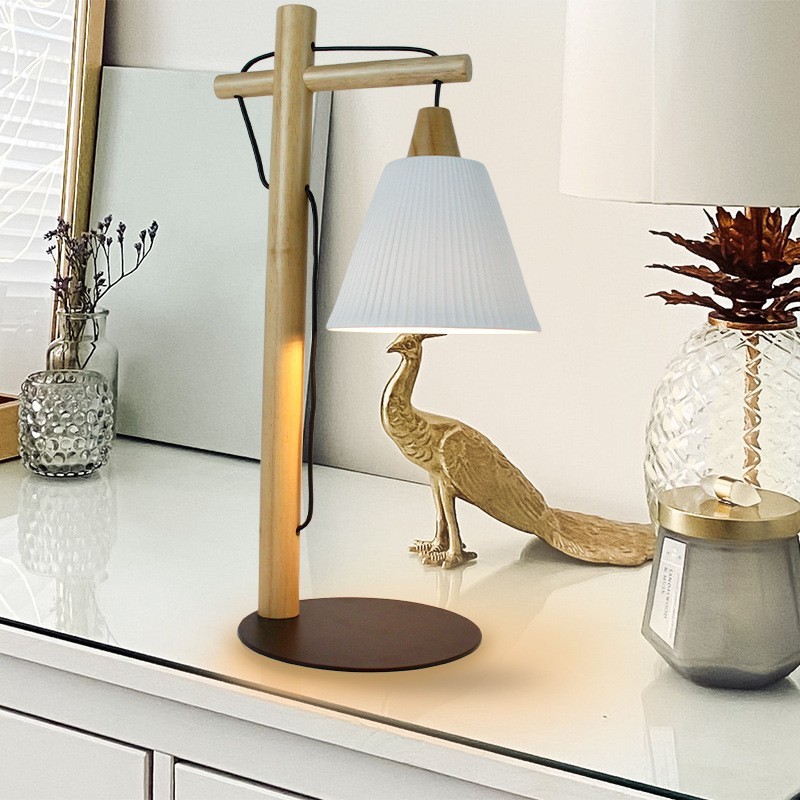 书桌咖啡厅精致日式简约原宿风木制底座白色陶瓷灯罩吊线艺术台灯图3