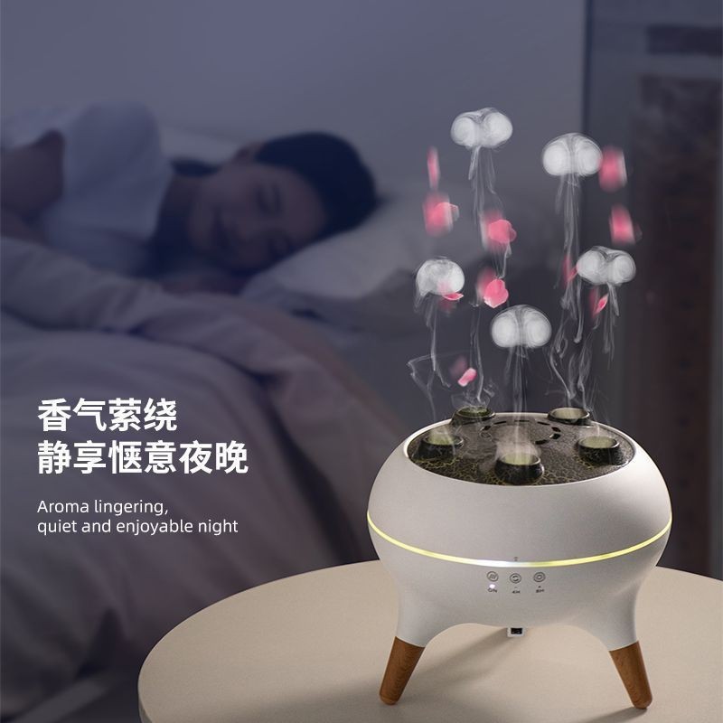 跨境火焰吐雾圈香薰加湿器 水母动感彩灯木纹精油多孔扩香薰机图4