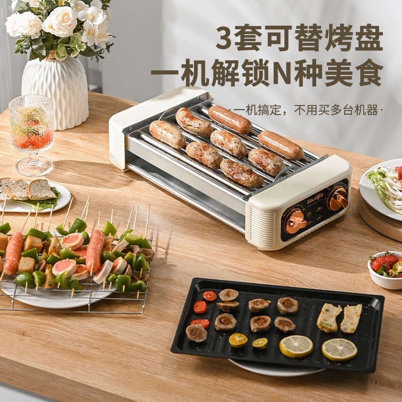家用无油烟不粘烤盘电烧烤炉便携式多功能小型全自动烤肠机 跨境图2