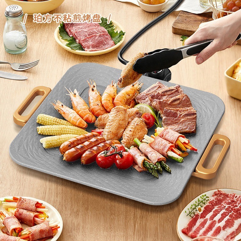 新款方形烤盘麦饭石不粘家用烧烤盘韩式铁板烧无烟烤肉机电烧烤盘图4