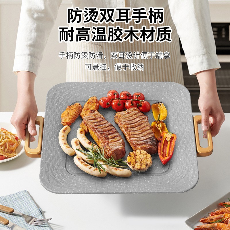 新款方形烤盘麦饭石不粘家用烧烤盘韩式铁板烧无烟烤肉机电烧烤盘图3
