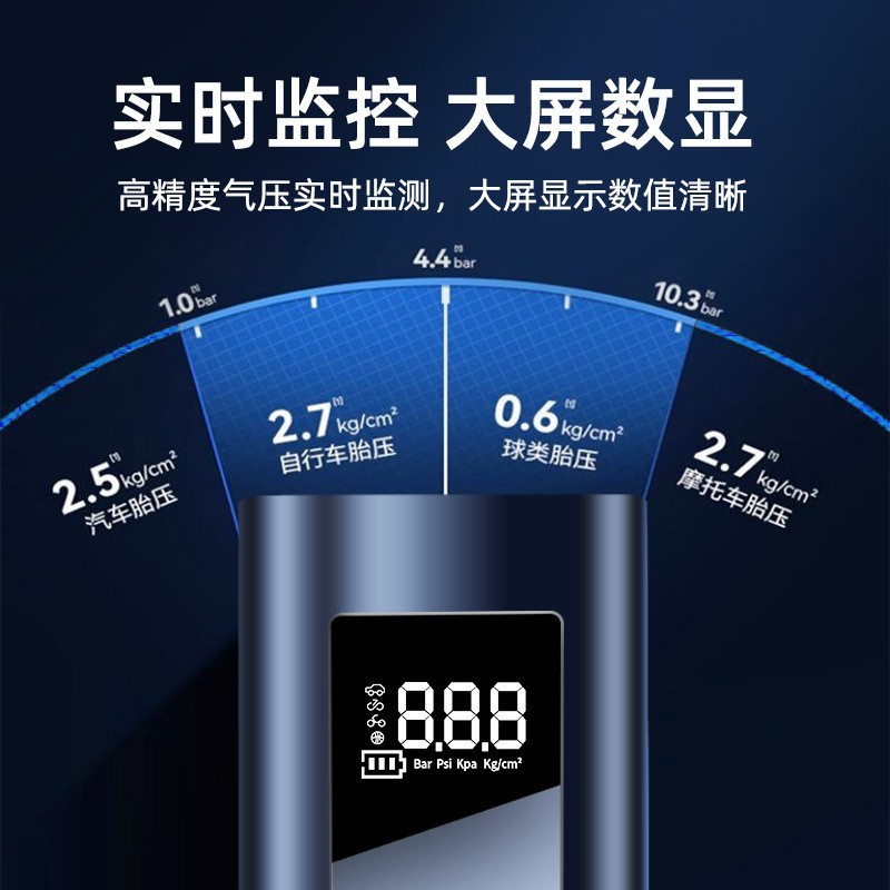 新款跨境充气泵大电池容量便携多功能手持汽车无线数显车载打气泵图4
