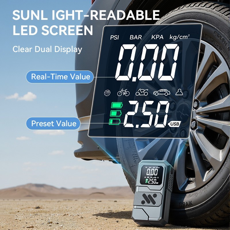 便携式双屏充气泵迷你自行电动轮胎打气筒气泵手持搭电宝充气泵图4