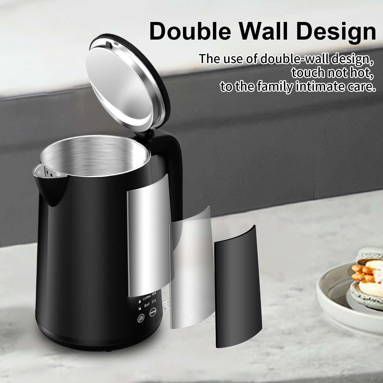 双层WIFI智能Alice数字电热水壶LED显示定时保温304不锈钢1.7L OEM图2