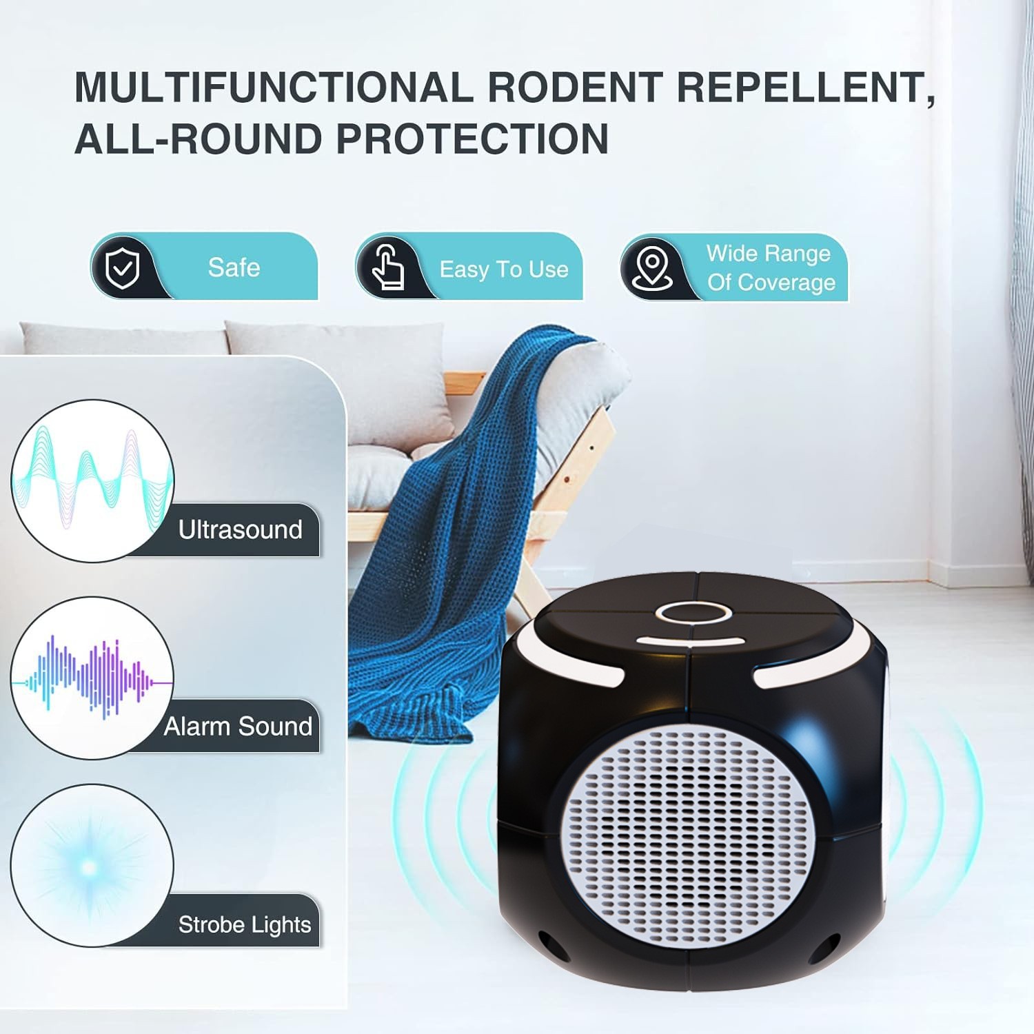 跨境新品led爆闪灯驱鼠器 270度警报动物驱赶器 室内超声波驱鼠器图3