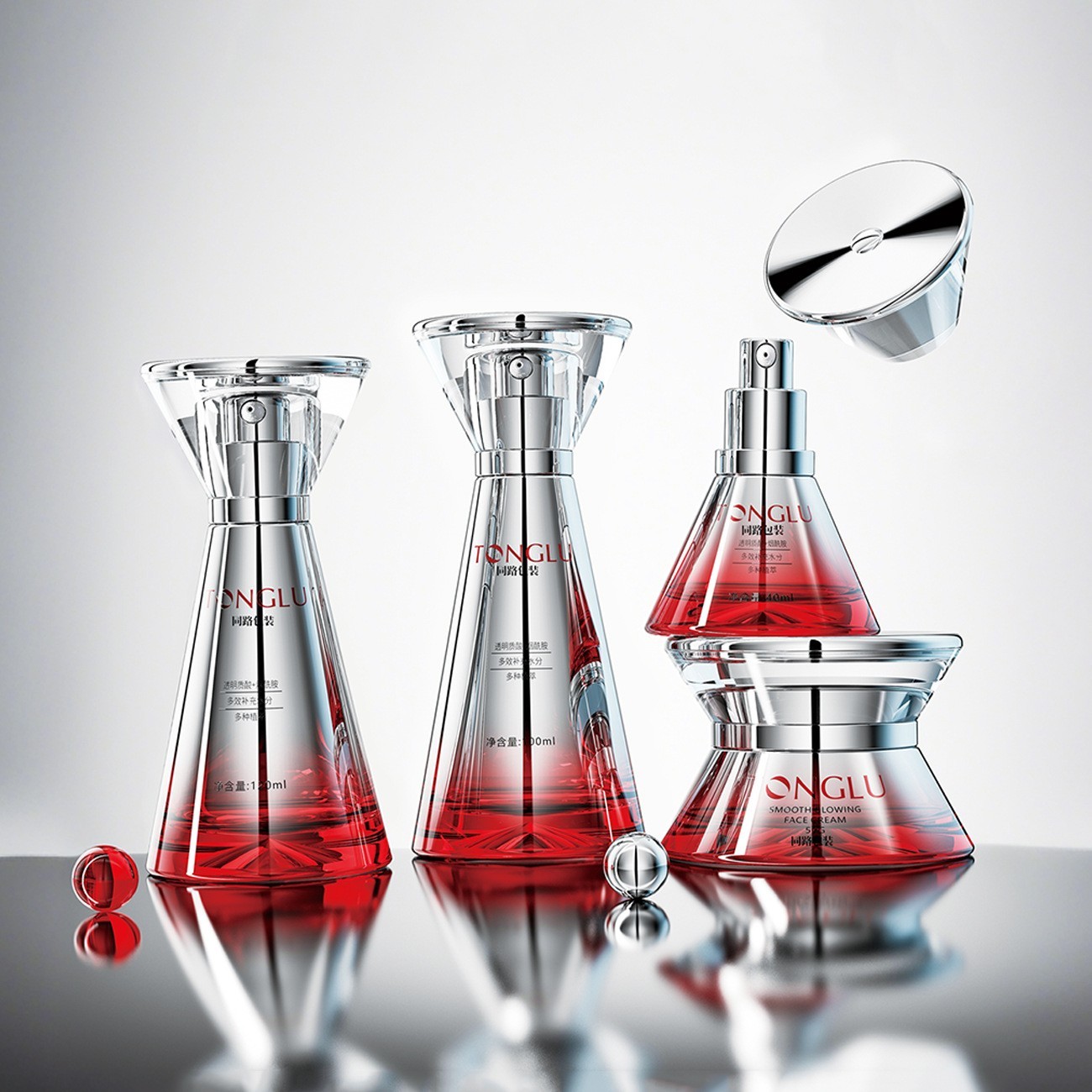 化妆品玻璃瓶包材120ml渐变套装瓶按压精油瓶锥形膏霜瓶图5