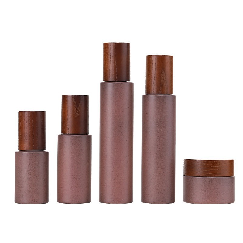 定制新工艺仿石玻璃套装瓶50g酒红色膏霜瓶 30ml木纹盖直身乳液瓶图5