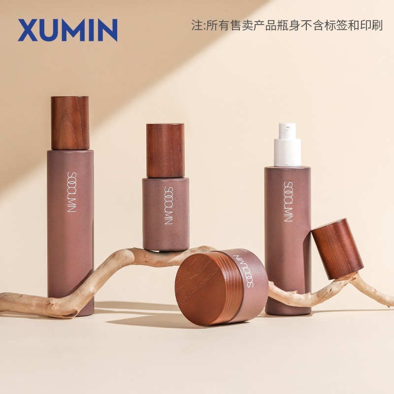 定制新工艺仿石玻璃套装瓶50g酒红色膏霜瓶 30ml木纹盖直身乳液瓶图4