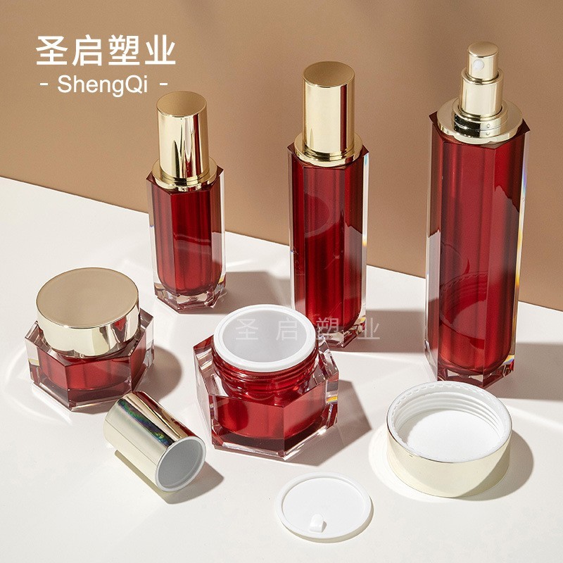 OEM亚克力六角膏霜瓶 定制30/50/100ml乳液精华按压喷雾瓶套装