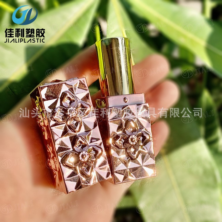 厂家定制方形口红管玫瑰金口红管包材塑料3.5g方形贴钻口红管包材图2