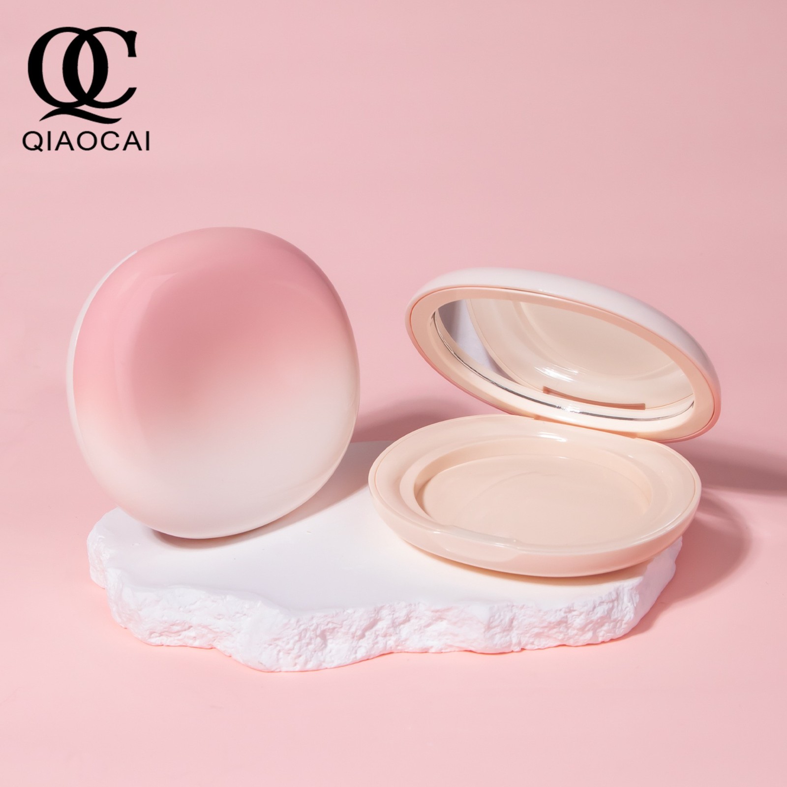 磁吸款粉饼盒渐变粉含镜子椭圆型高级质感粉饼腮红包材彩妆创意图2