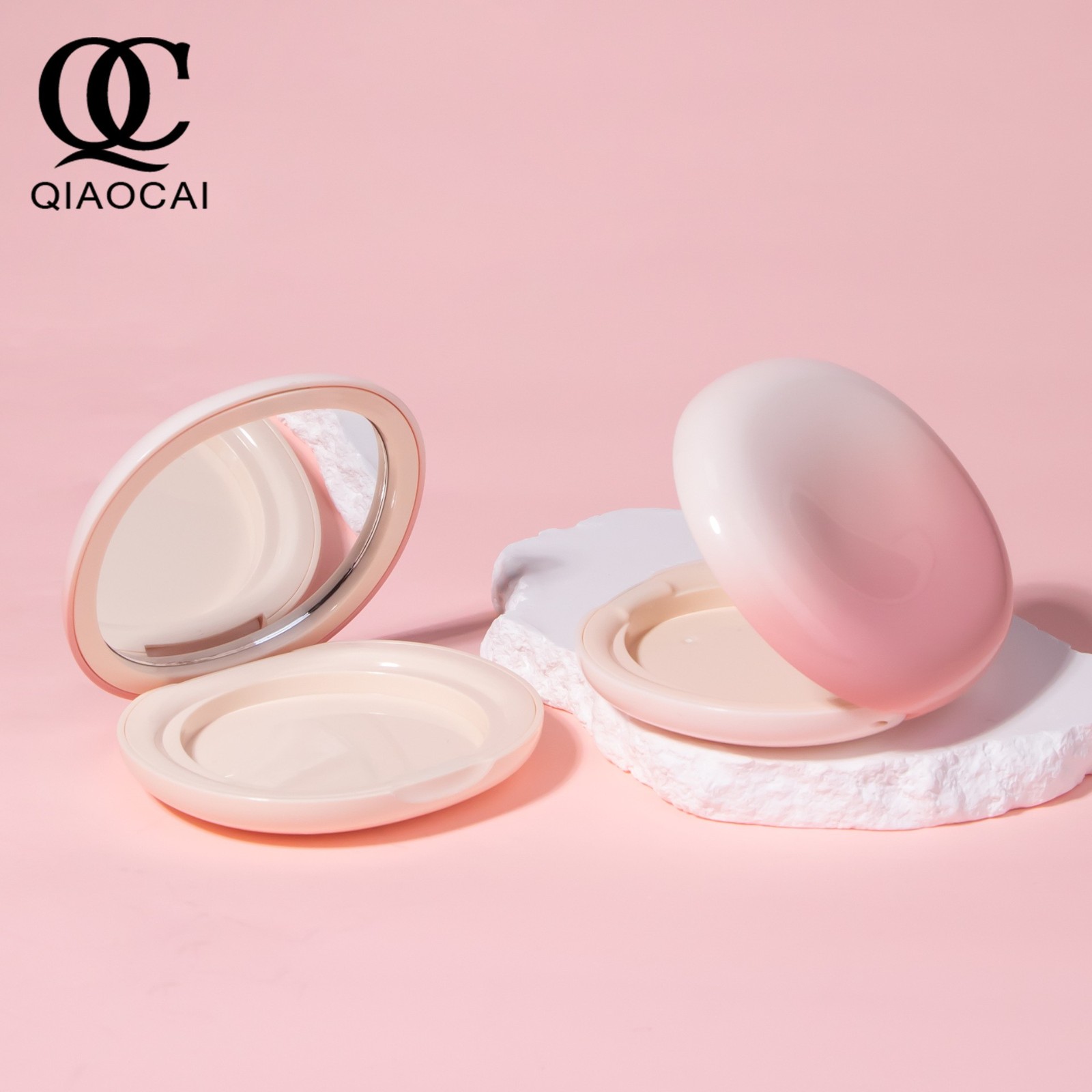 磁吸款粉饼盒渐变粉含镜子椭圆型高级质感粉饼腮红包材彩妆创意图3