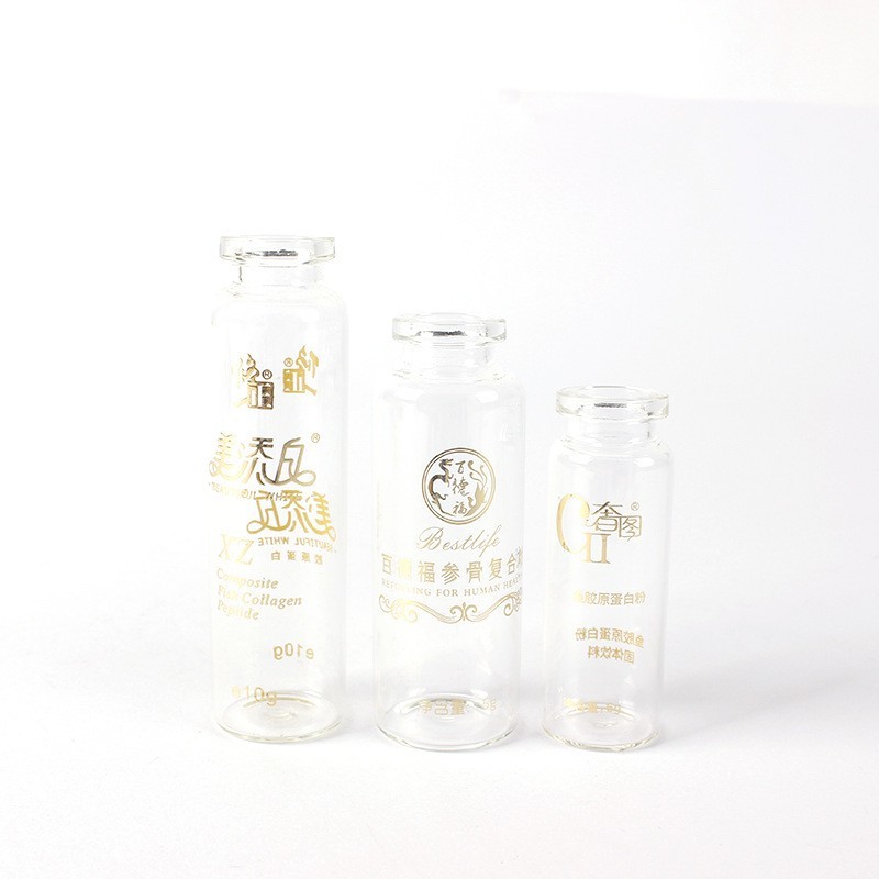 logo印字口服液玻璃拉管瓶卡口西林瓶透明药用管制烫金玻璃瓶厂家图2