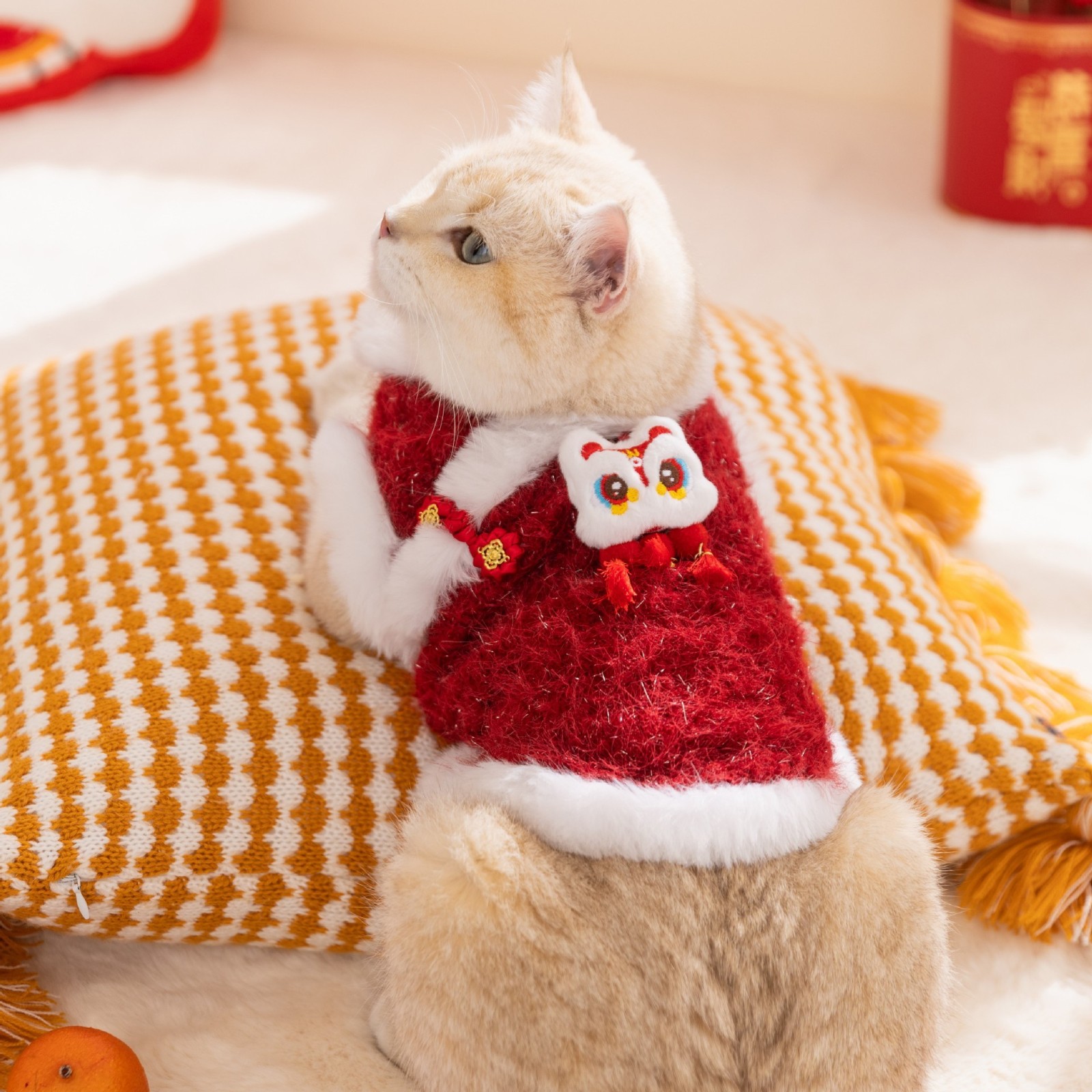 猫衣服新年唐装红色可爱醒狮发财绒衣两脚棉衣小狗狗衣服宠物衣服图2