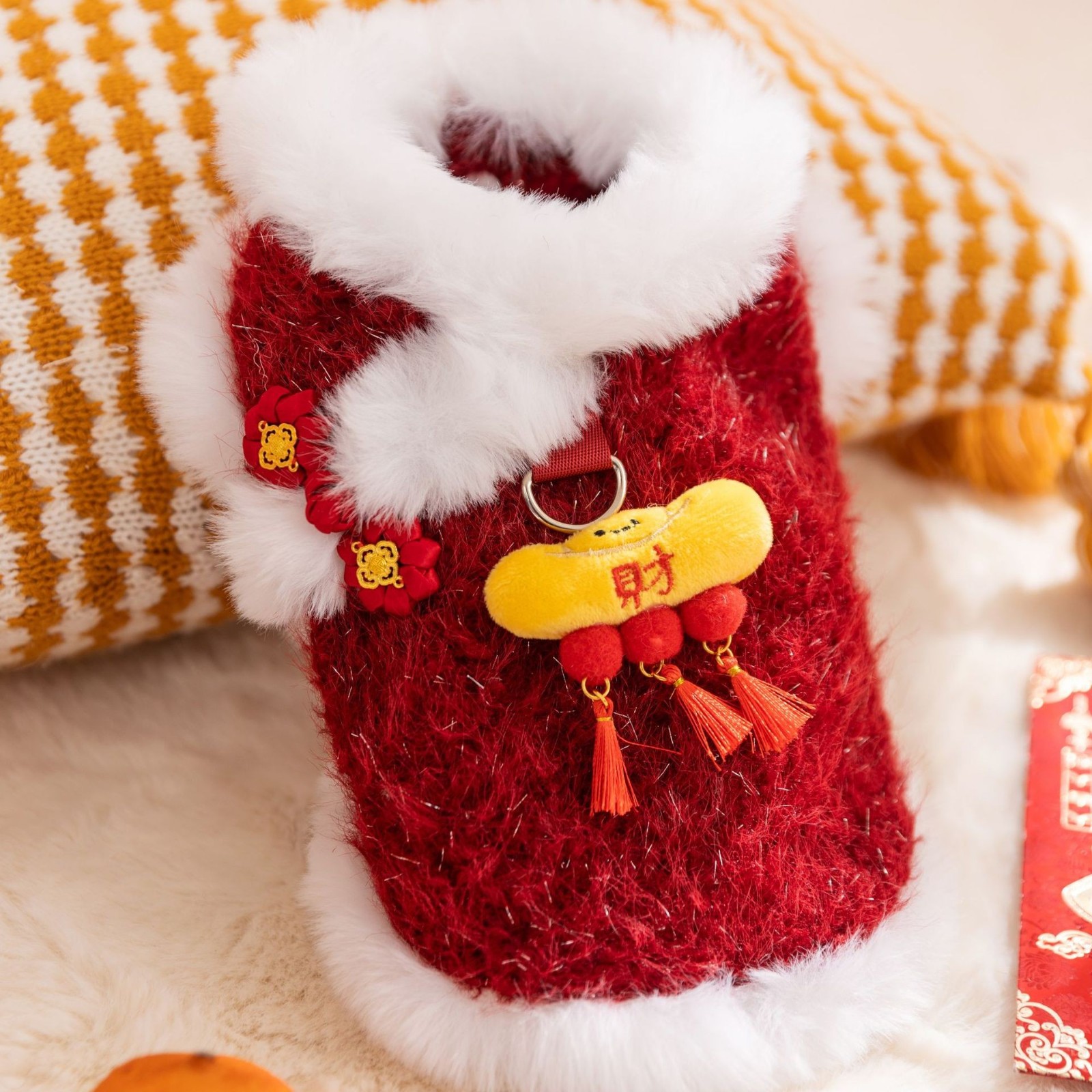 猫衣服新年唐装红色可爱醒狮发财绒衣两脚棉衣小狗狗衣服宠物衣服图5