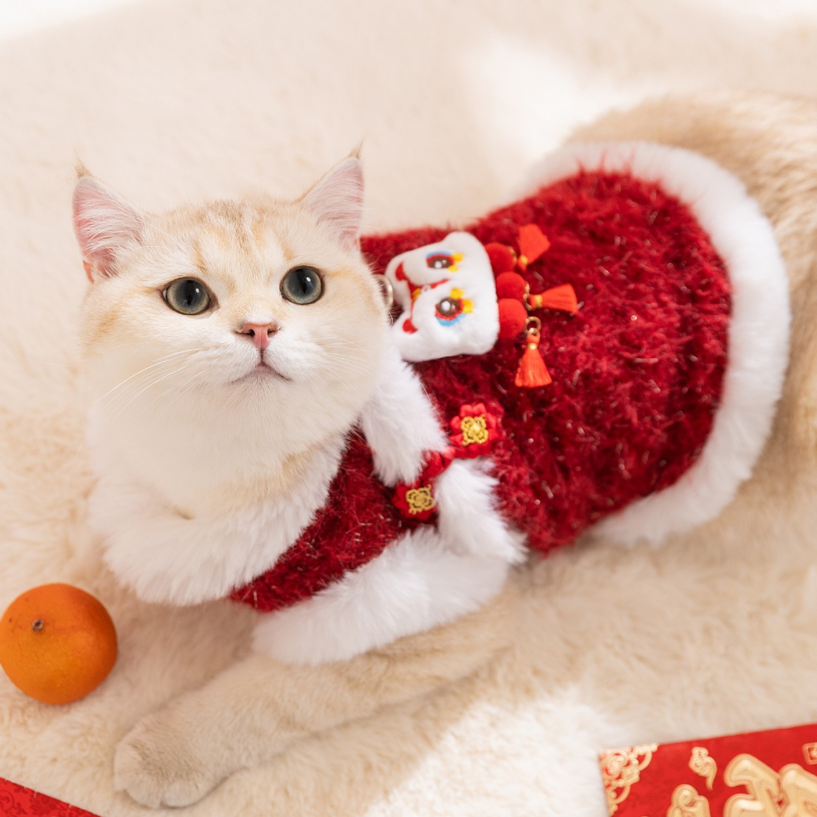 猫衣服新年唐装红色可爱醒狮发财绒衣两脚棉衣小狗狗衣服宠物衣服图4