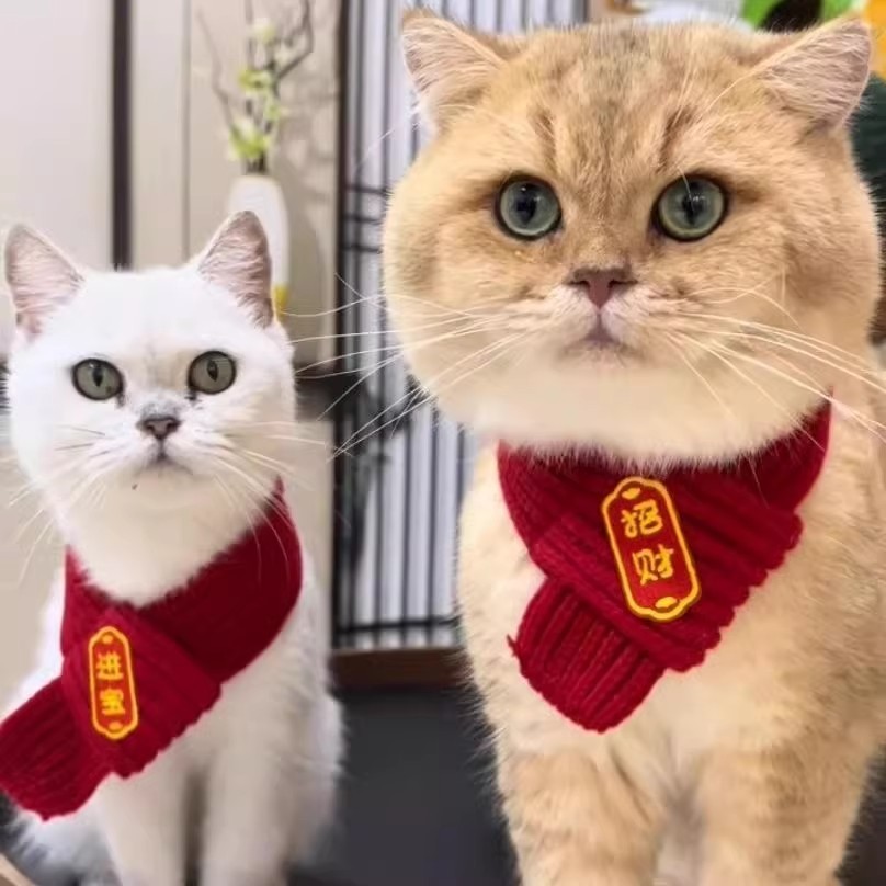 新年猫咪狗狗围巾红色可爱毛线保暖针织小狗喜庆围脖宠物配饰装饰图3