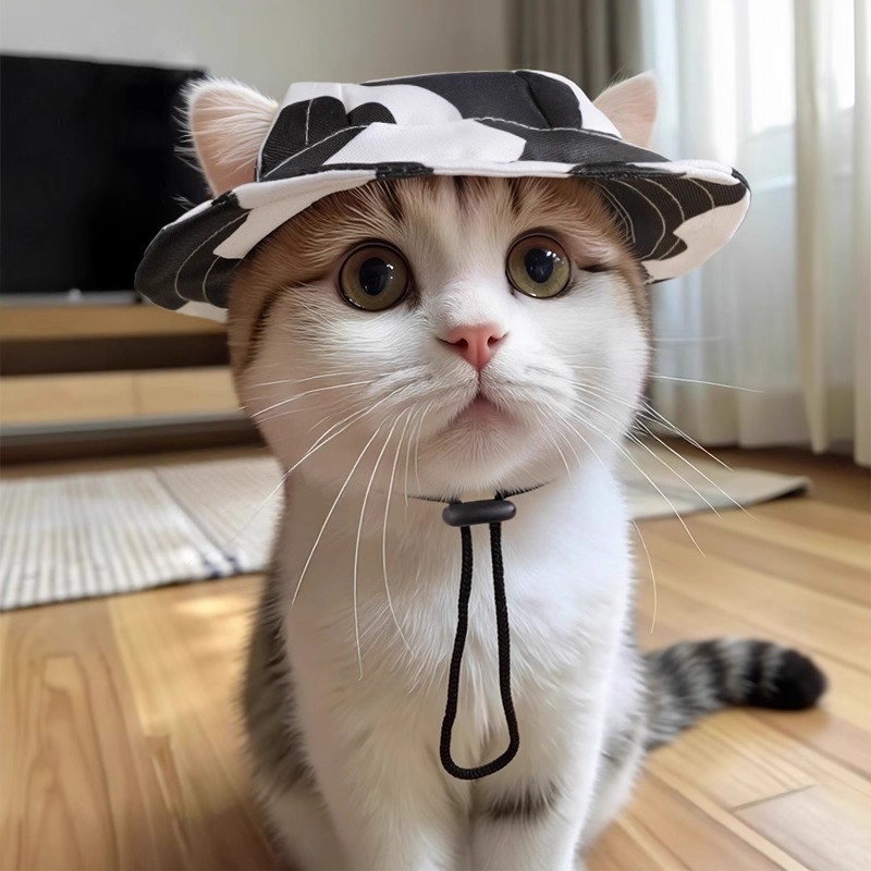 猫咪帽子可爱露耳朵狗狗夏季防晒太阳帽德文猫英短宠物小猫渔夫帽图3