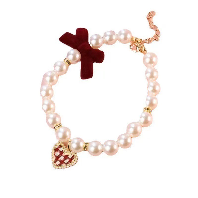 猫咪珍珠爱心项链狗狗宠物蝴蝶结项圈挂饰可爱复古围脖围巾装饰品图4