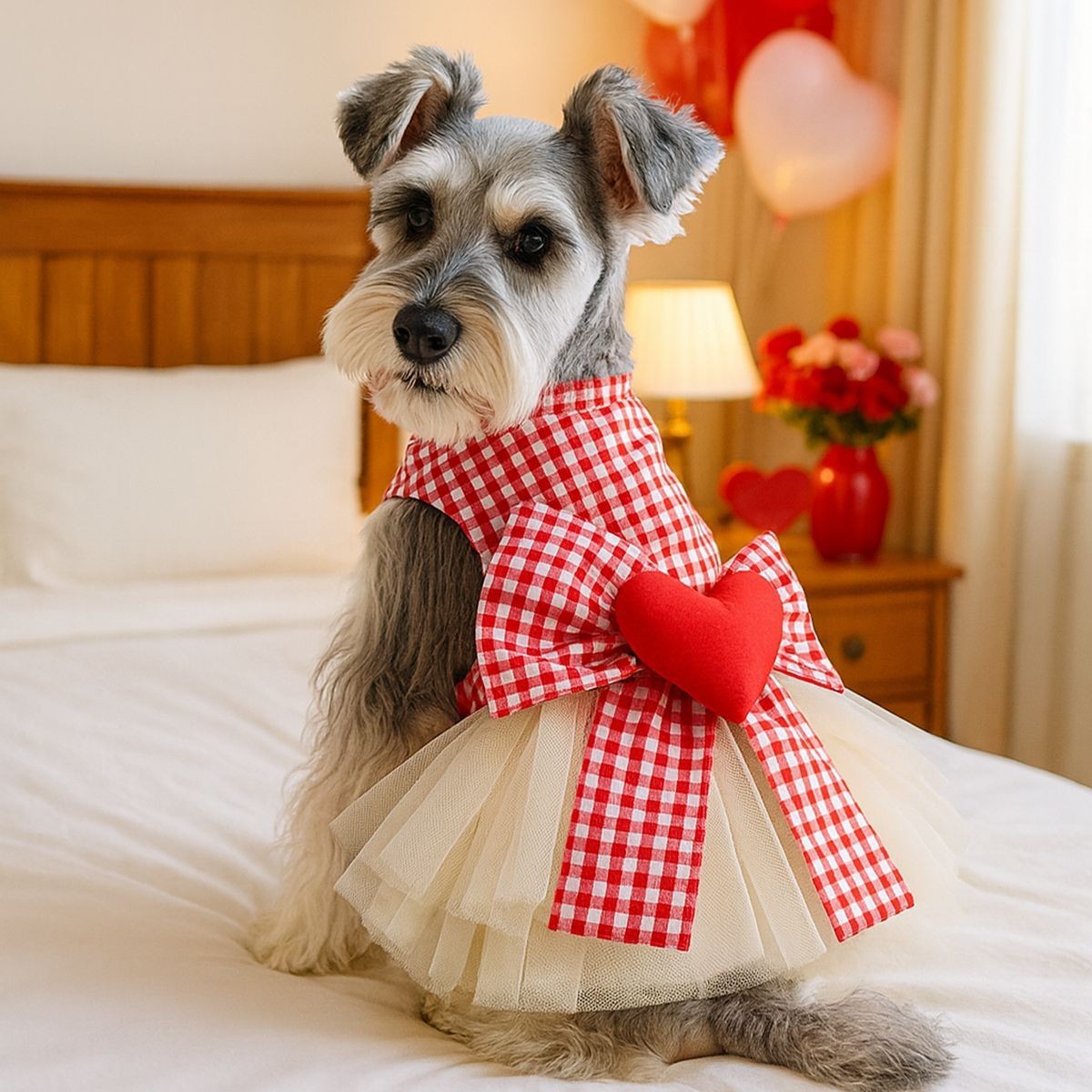 情人节 狗猫猫衣服红白格公主纱裙爱心蓬蓬裙