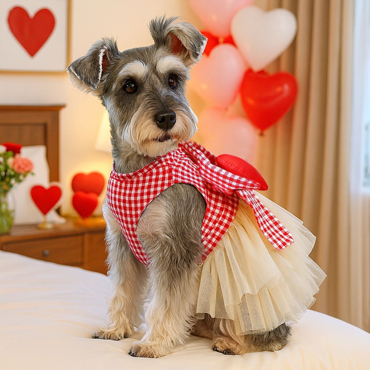 情人节 狗猫猫衣服红白格公主纱裙爱心蓬蓬裙图2
