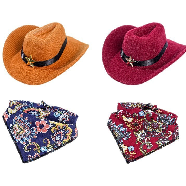 跨境猫咪牛仔帽围巾套装宠物帽迷你西部牛仔帽牛仔装饰小猫狗帽子