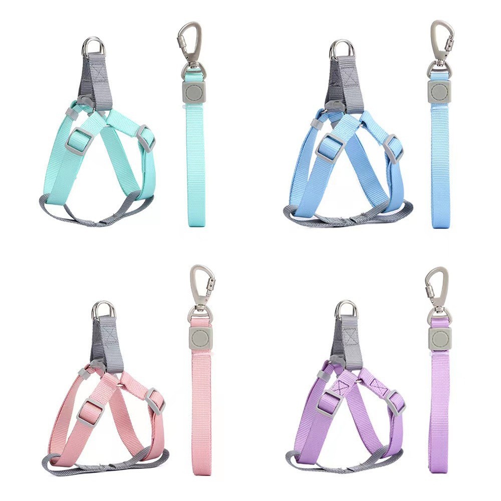 中小型犬可调节胸背牵引绳套装 耐磨尼龙马卡龙色 宠物狗绳图2