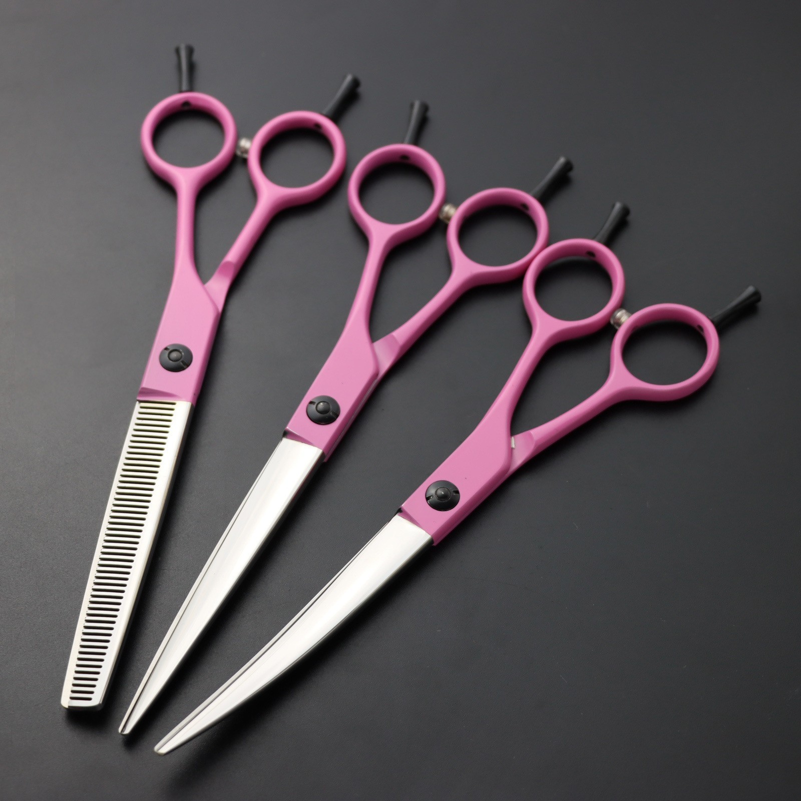 宠物美容剪刀粉红色红色6.5寸7寸理发剪刀直剪翘弯剪套装